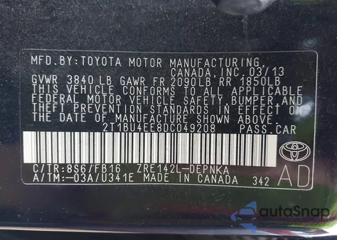 2013 Toyota Corolla Le из США, поврежденный, VIN 2T1BU4EE8DC049208